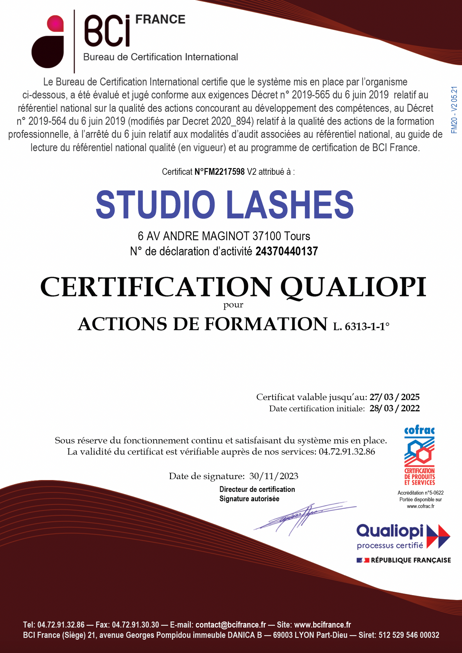 Certificat Qualiopi formation extension de cil
